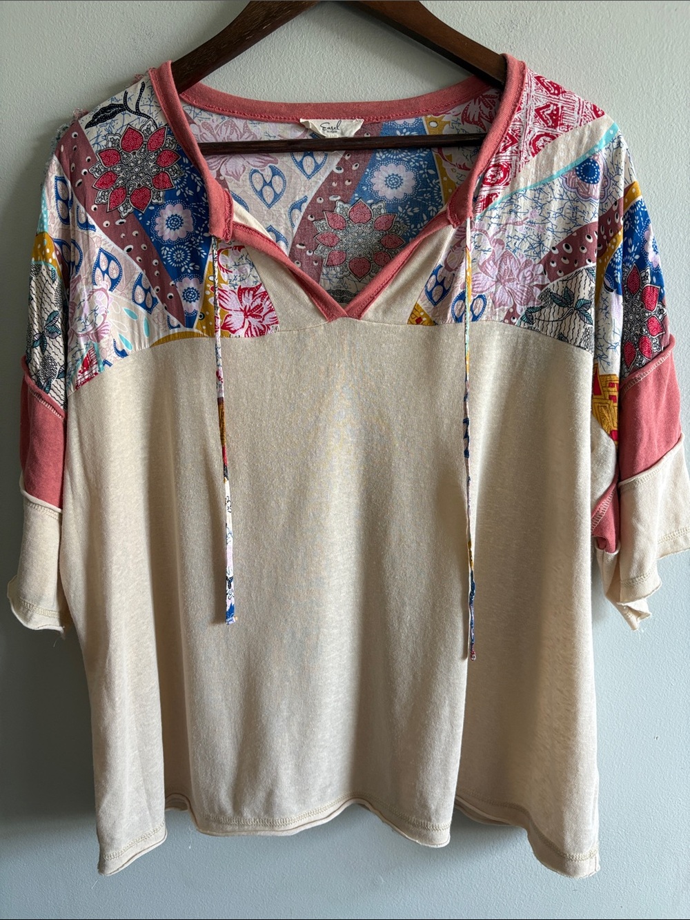 Easel Los Angeles L Boho Patchwork Floral Oversized Pullover Top